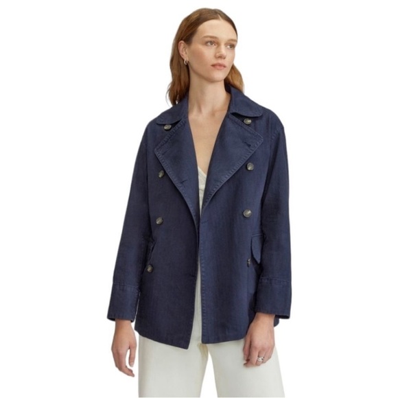 Everlane The Organic Cotton Herringbone Double Breasted Jacket in Navy Large - Picture 1 of 13